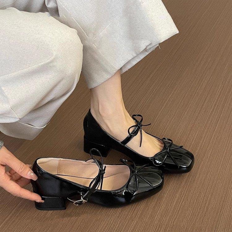 French Bow Light Mouth Red Single Shoes Women's Spring and Autumn New Retro Fairy Ballet Thick Heel Mary Jane Small Leather Shoes