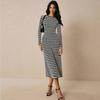Striped Knee-length Long Dress, Long-sleeved Round-neck Thickened Knitted Dress, Slimming Long Dress