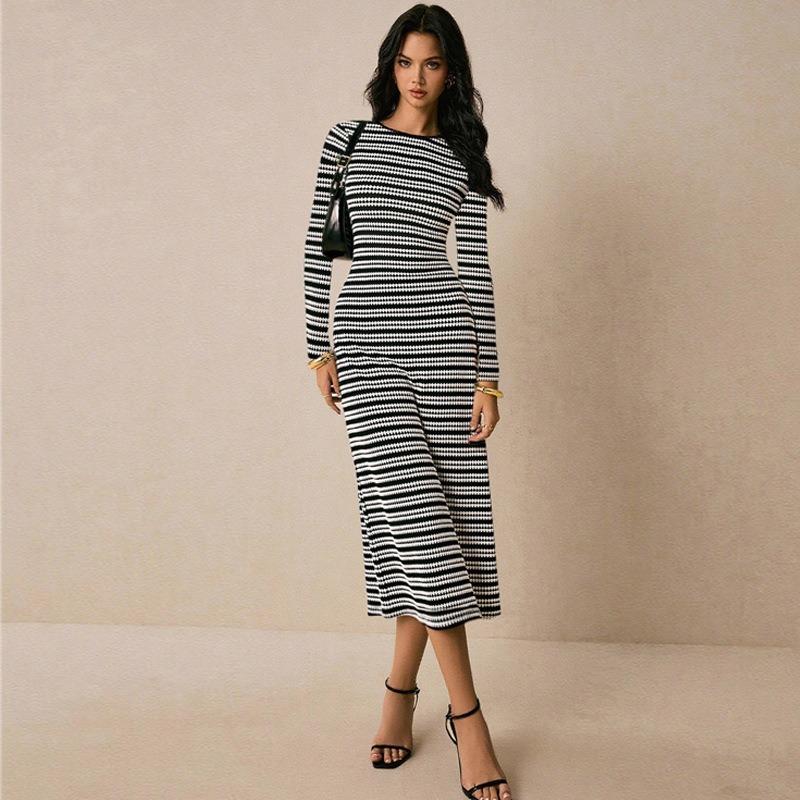Striped Knee-length Long Dress, Long-sleeved Round-neck Thickened Knitted Dress, Slimming Long Dress