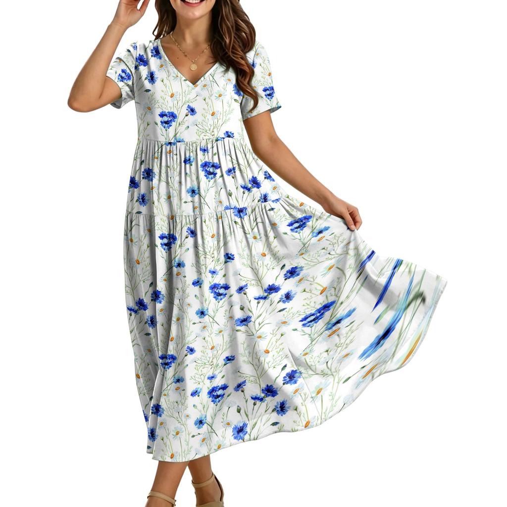 Frauen Casual Lose Bohemian Blumenkleid Kurzarm Lange Maxi Sommer Strand Swing Kleid
