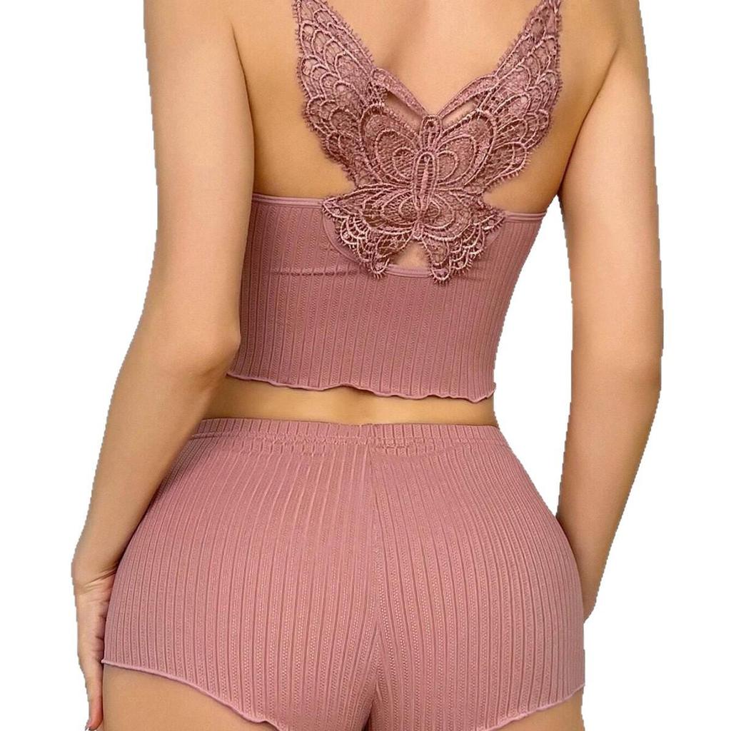 Ribbed Scalloped Edge Sleeveless Camisole and Shorts Pajama Set for Women, European & American Style Casual Homewear.