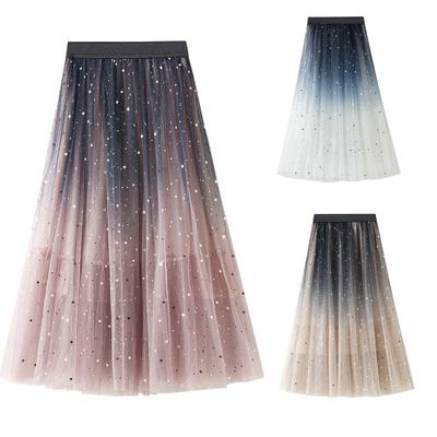Gonna lunga in tulle con rete a cielo stellato sfumato, vita elastica, elegante, gonna in tulle con vita alta