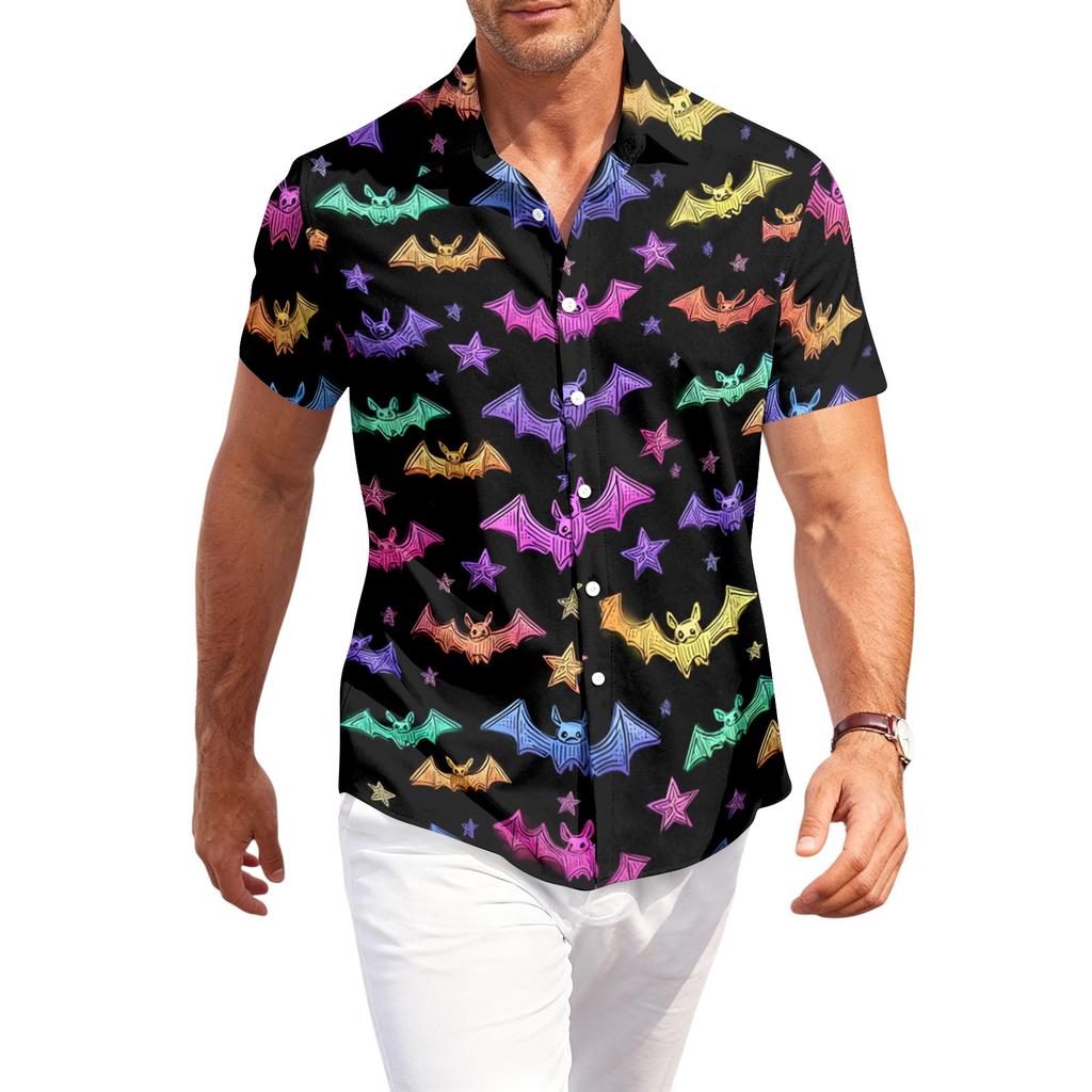 Herren Freizeit Kurzarm Hemd mit Knöpfen Halloween Motiv Fledermausmuster Leichtes Sommerhemd für Strand und Outdoor