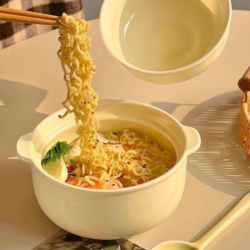 Cuenco de Cerámica Estilo Crema para Fideos Instantáneos y Sopa con Tapa y Asa