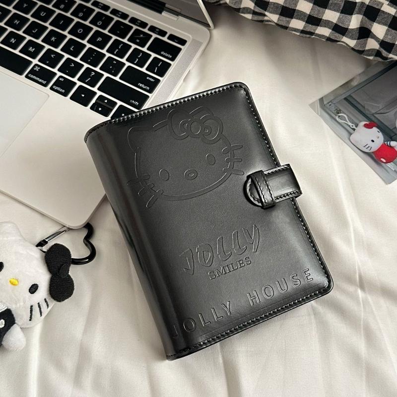 Kawaii Kitty A7 Retro Small Notebook Black Faux Leather Binder Portable Diary Set With Card Holder Student Stationery Supplies