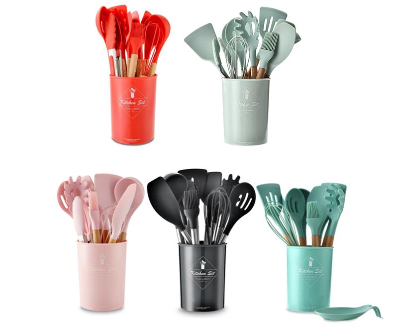 12 Pieces in 1 Set Silicone Kitchen Accessories Cooking Tools Kitchenware Cocina Silicone Kitchen Utensils With Wooden Handles