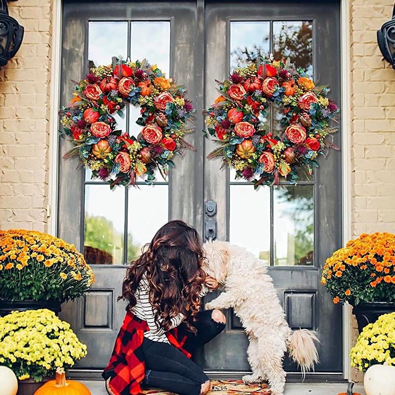 Autumn Door Wreath Christmas Halloween Decoration Pumpkin Berry Pine Cone Maple Artificial Cloth Rattan Material Home decoration