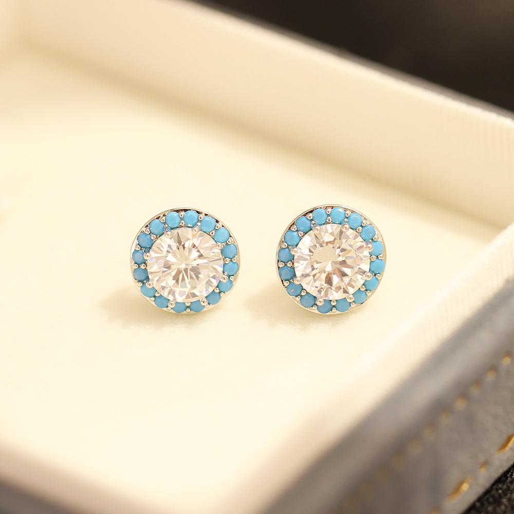 Premium Blue Diamond Stone Earrings Exquisite Small and Versatile Round Single Diamond Stud Earrings 925 Silver Needle Earrings Women's