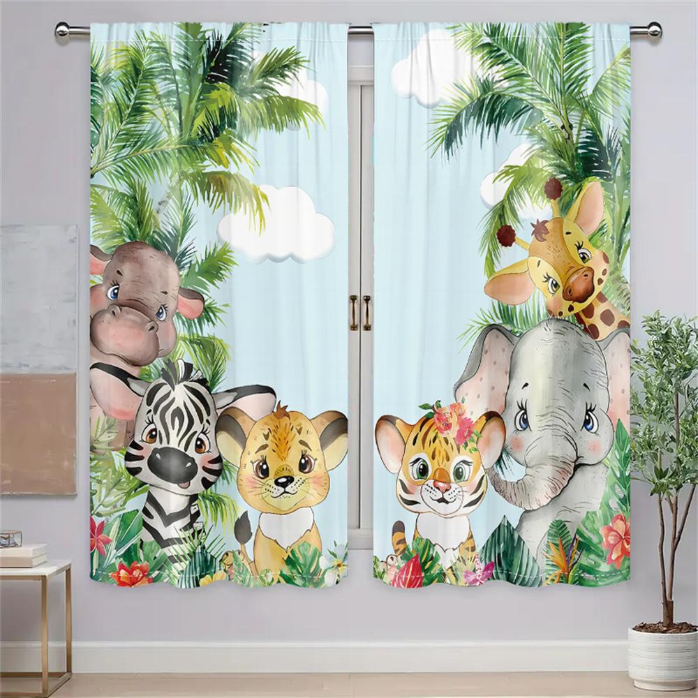 2Pcs Tropical Jungle Animals Curtains Cartoon Giraffe Zebra Elephant Living Room Bedroom Window Decor Curtains Kids Room Style