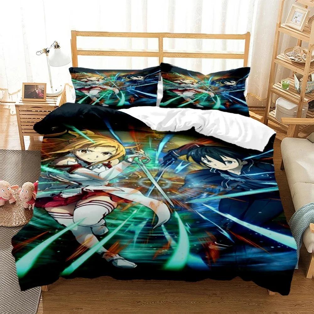 SAO Anime Art Print Three Piece Bedding Set Fashion Article Beds Quilt Covers Pillowcases Duvet Cover for Boys Adults