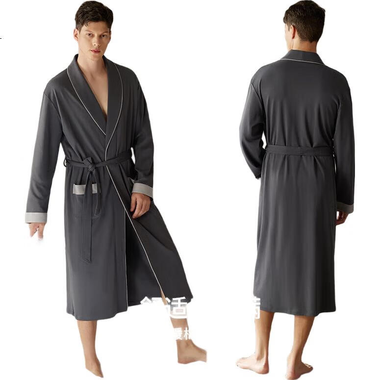 XULEN Men's Sleepwear, Spring And Autumn Pure Cotton Long-Sleeve Pajamas, All-Cotton Bathrobe, Long-Style Loungewear, 73397 Dark Gray, Size L