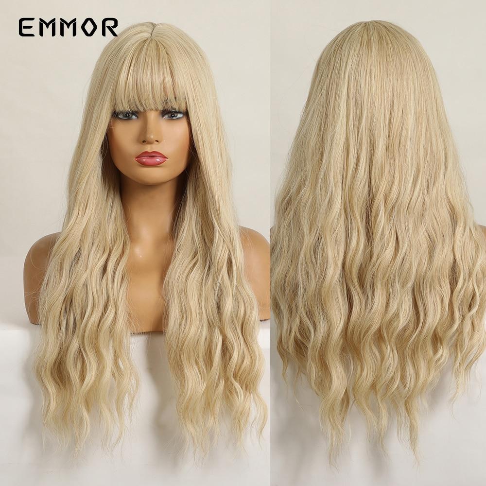 ALAN Synthetic Long Wavy Wigs with Bangs for Women Cosplay Natural Ombre Black To Pink Hair Wig High Temperature Fiber