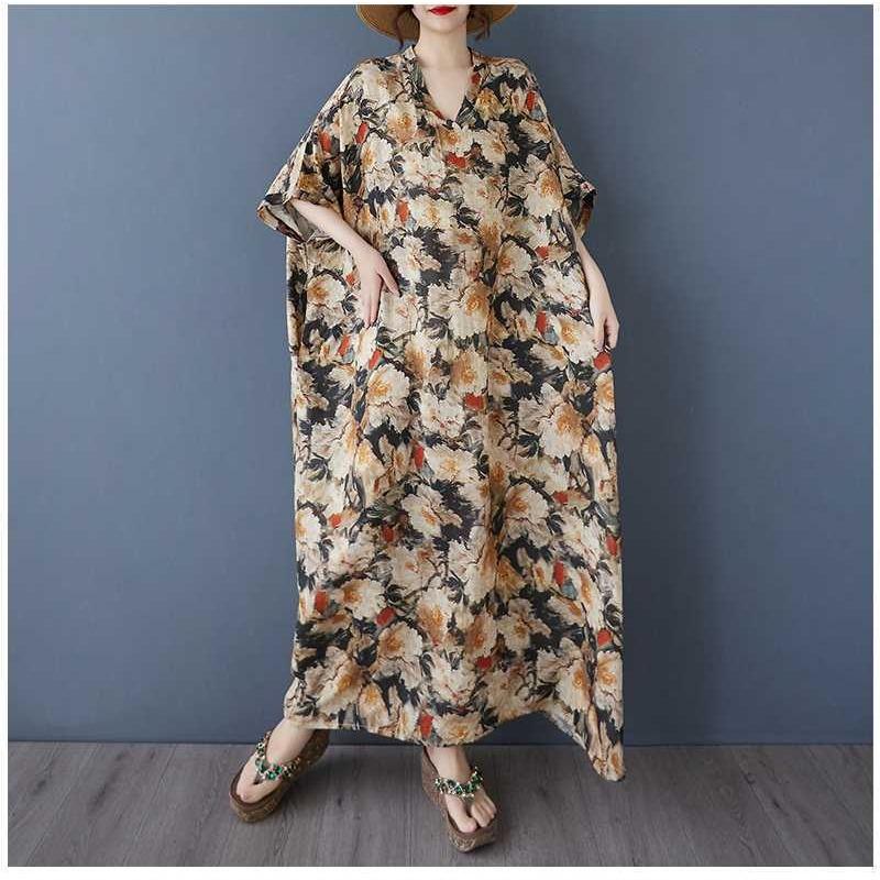 Women's Vintage Long Dress with Cotton and Linen Patterns
