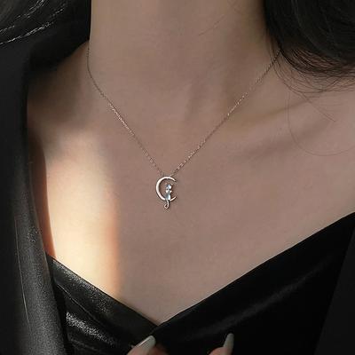 Cat On The Moon Zircon Collarbone Chain New Temperament Female Simple Moonstone Kitten Necklace