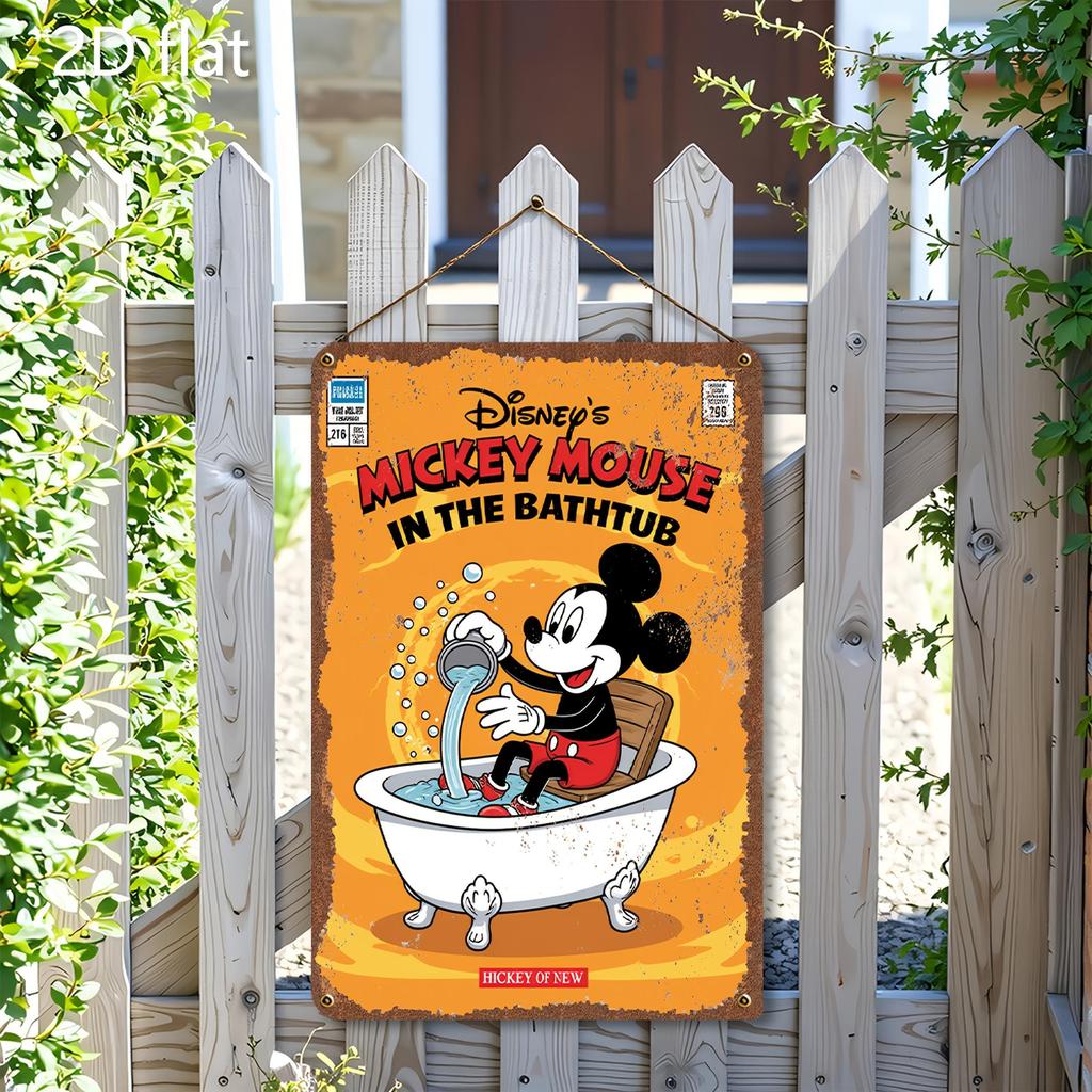 2D Flach, Offizielles Disney Mickey & Minnie Mouse Vintage Badewannen Metall Wanddeko - 20,32x30,48 cm Retro Badezimmer, Küche, Café,