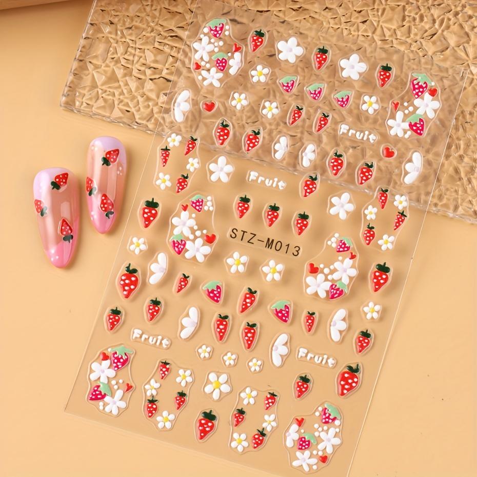 5D Cute Strawberry Nail Art Decals Summer Fruits Cherry Simple Daisy White Flowers Adhesive Sliders Stickers for Nail Manicures Tips