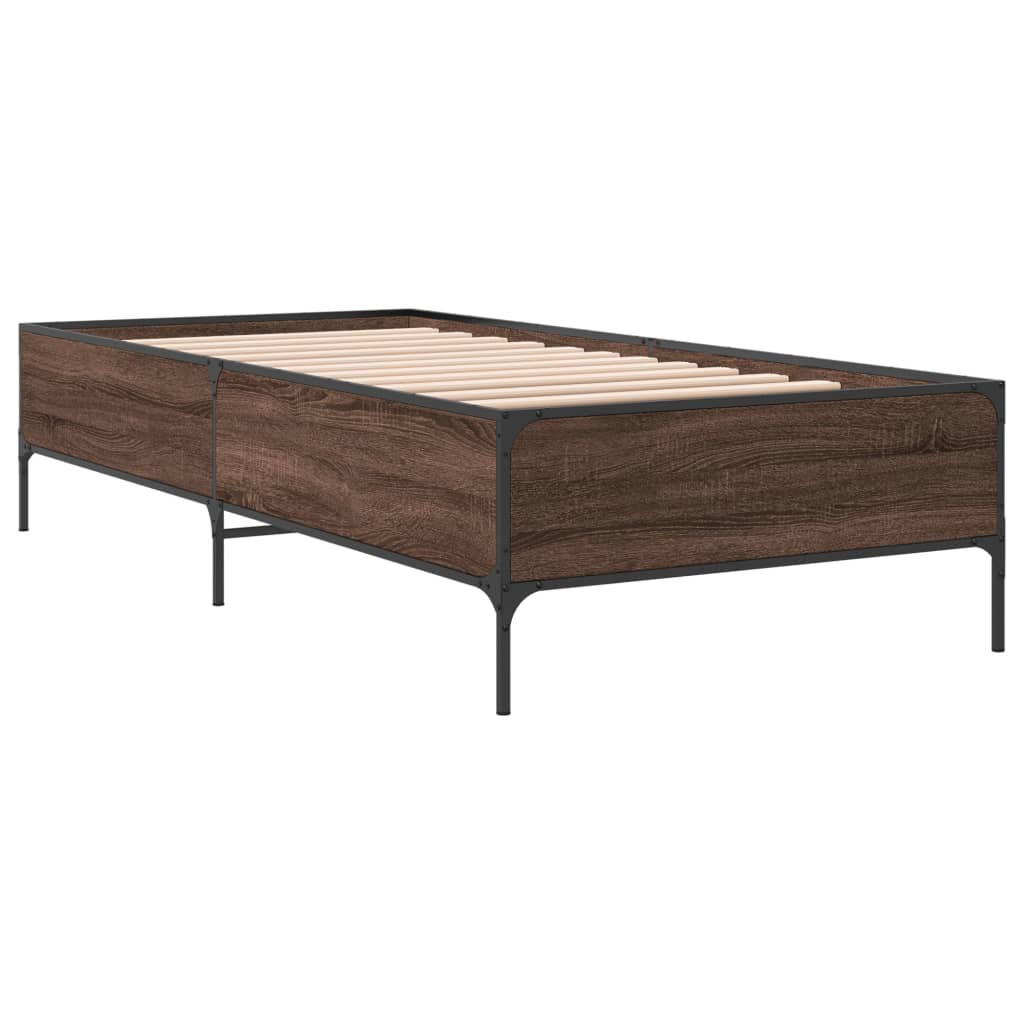 Brown Bed Frame with Oak Effect 75 X 190 Cm Wood Based Panel & Metal