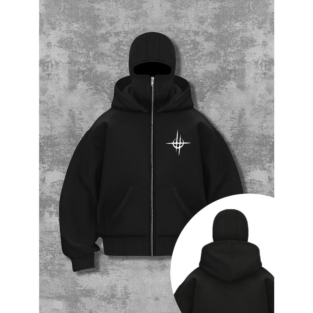 Men's Black Double Zipper Sweatshirt, Berlin Graphic Loose Street Hip-hop Hoodie Full Zipper Urban Fashion Hoodie Pullover Jacket