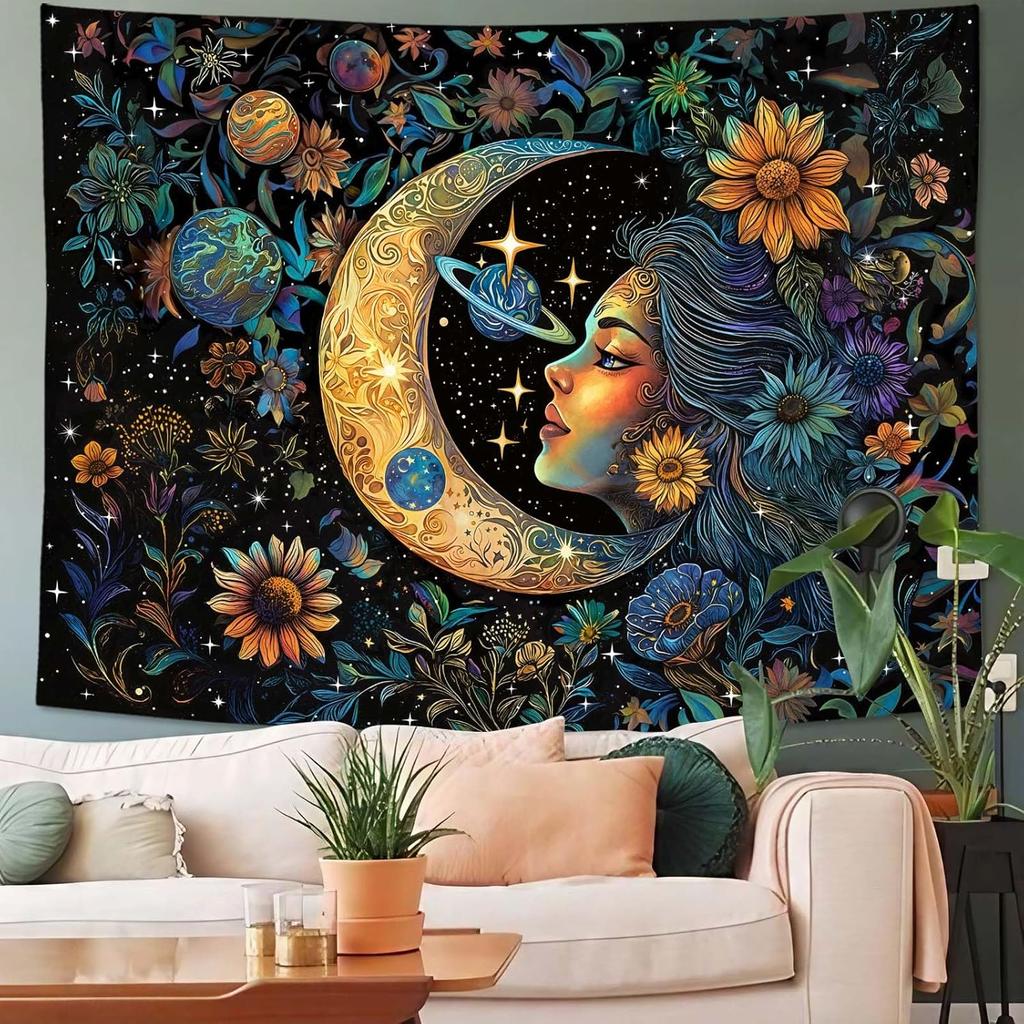 Sun and Moon Tapestry Bedroom Hippie Boho Floral Flower Plant Wall Tapestry Aesthetic Vintage Galaxy Celestial Star Spiritual