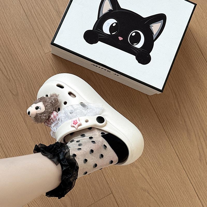 Cute and Sweet Shirley Rose Bow Hole Shoes Women's Summer 2025 Fashion Outer Wear Lace Edge Bag Head Slippers