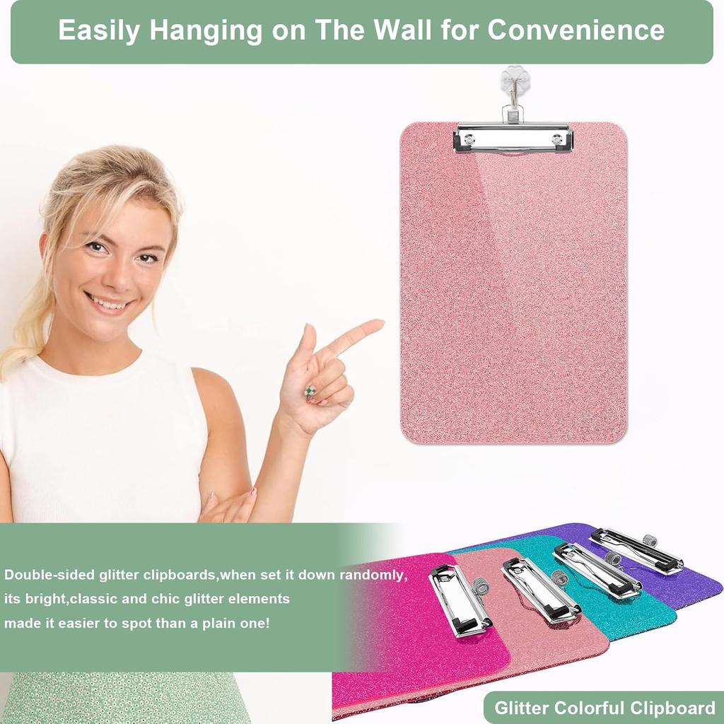 1 Pcs Clear Glitter Clipboards, Plastic Clipboard with Pen Holder, Size 8.85 x 12.4 in Shiny Clipboards with Low Profile Clip, Cute Hanging Clipboard