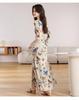 Retro Butterfly Print Long-Sleeve Dress - Slim Fit, Sexy Ruched Waist