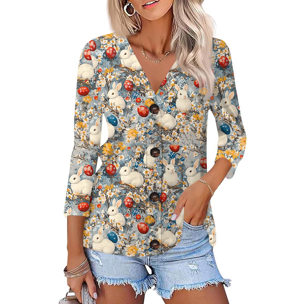Women's Fashion Casual Print Button-down Shirt 3/4  Sleeve Tops
