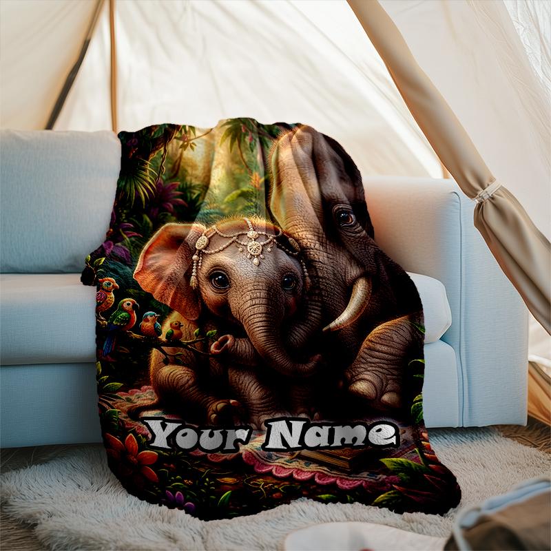1PC Custom Name Elephant Family Jungle flannel blanket versatile,all-season throw suitable for the living room,bedroom,camping,travel,and gift