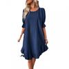 Spring Summer Women's Vintage Cotton Linen Dress, European American Style Solid Color Round Neck Half Sleeve Loose Flowy Midi Dress for Casual