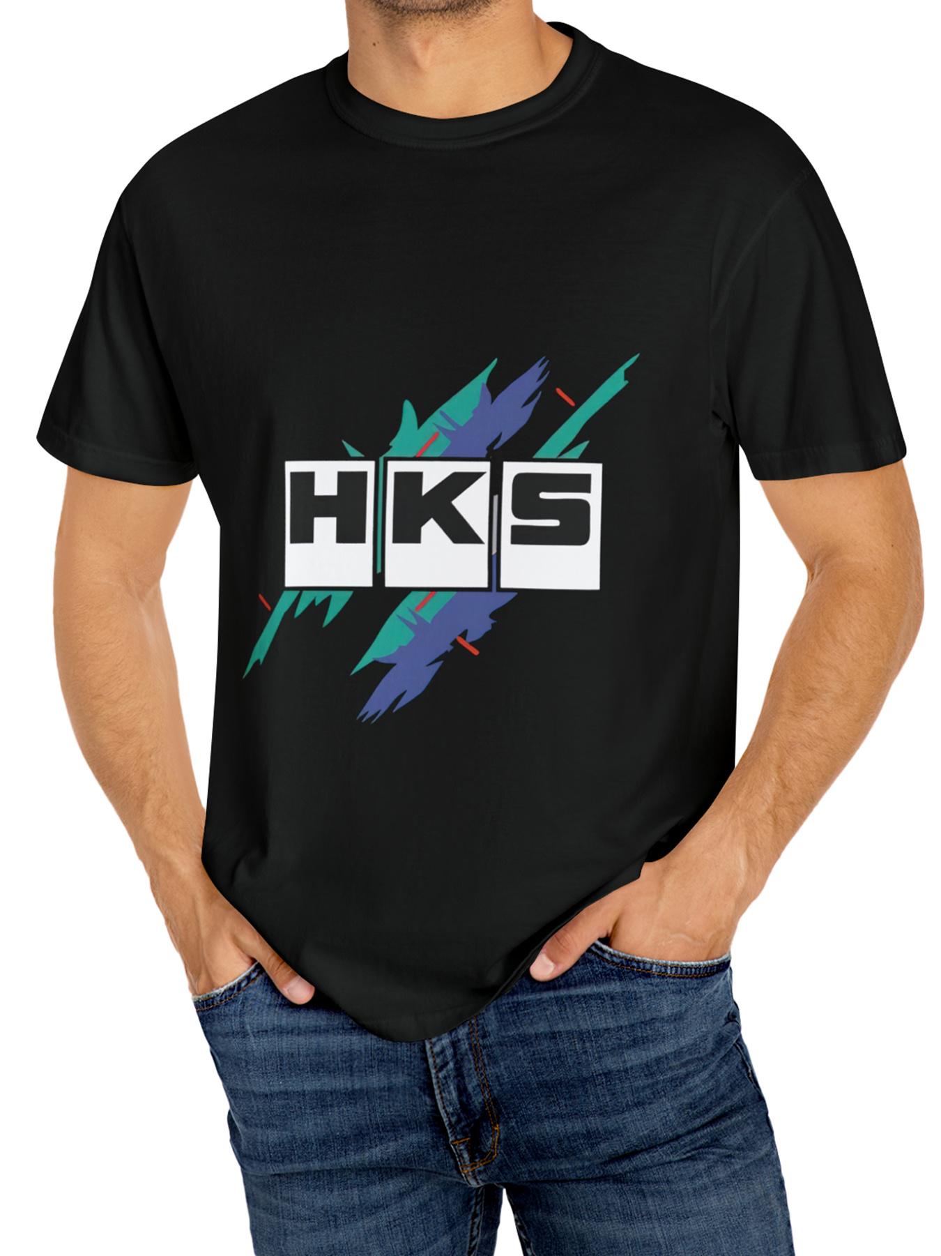

Unisex s HKS Graphic Cotton T-Shirt - Casual Round Neck Tee with Stretch, Black with Colorful Letter Print XXL