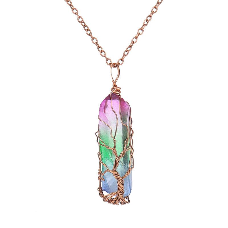 Vintage Hand-Wound Colorful Crystal Stone Necklace, Crystal Pillar Life Tree Necklace N523