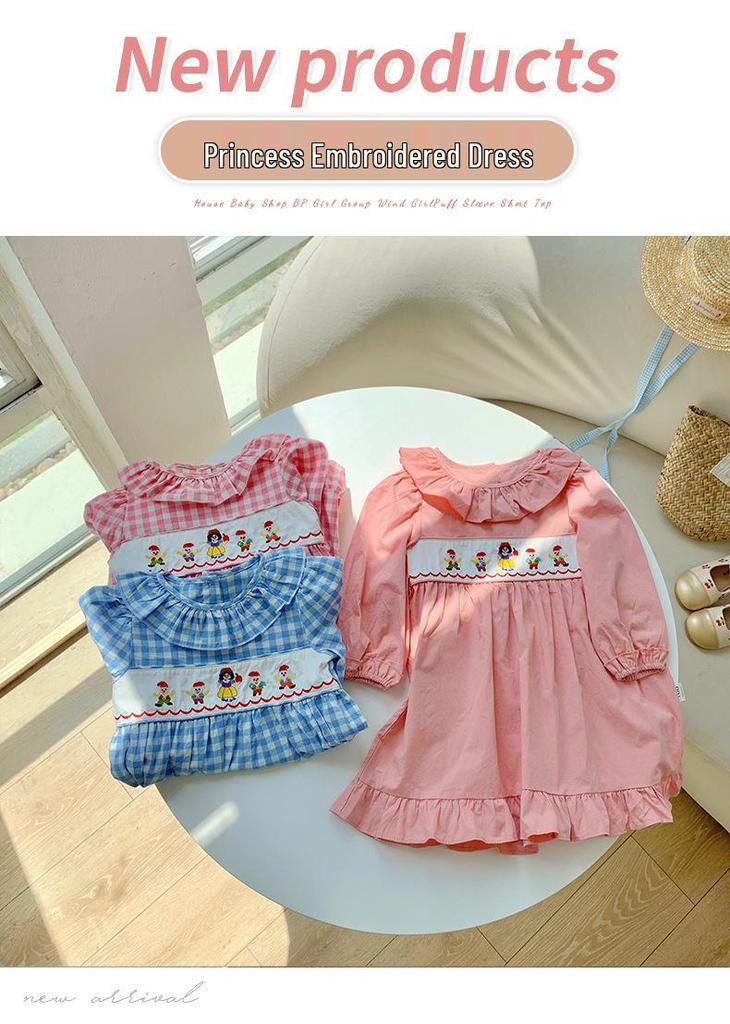 Princess Cartoon Embroidered Plaid Dress with Lotus Leaf Collar for Girls - Autumn 2026 Collection