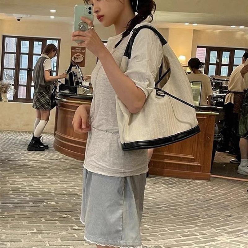 Niche Retro Black and White Splicing Canvas Tote Bag New Large-capacity Versatile Commuter Handheld Shoulder Bag Women