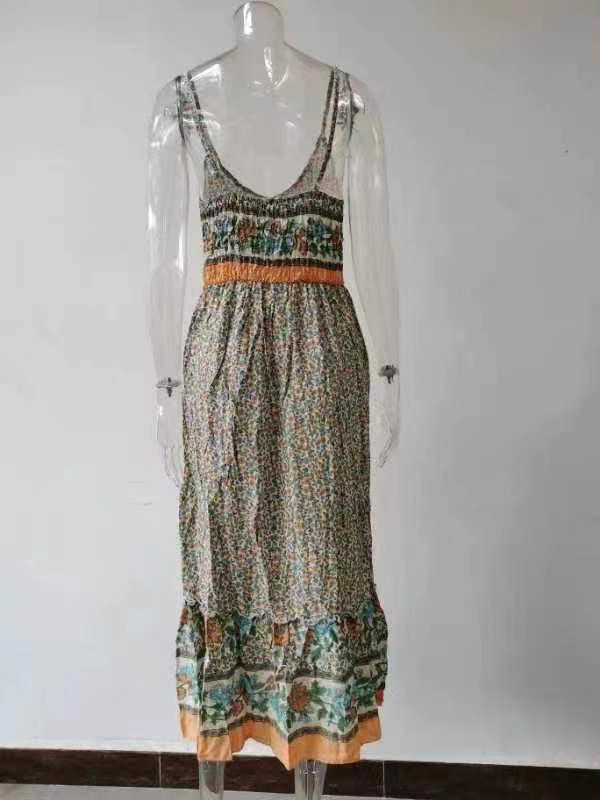 2026 Summer Bohemian V-Neck Floral Spaghetti Strap Maxi Dress for Women