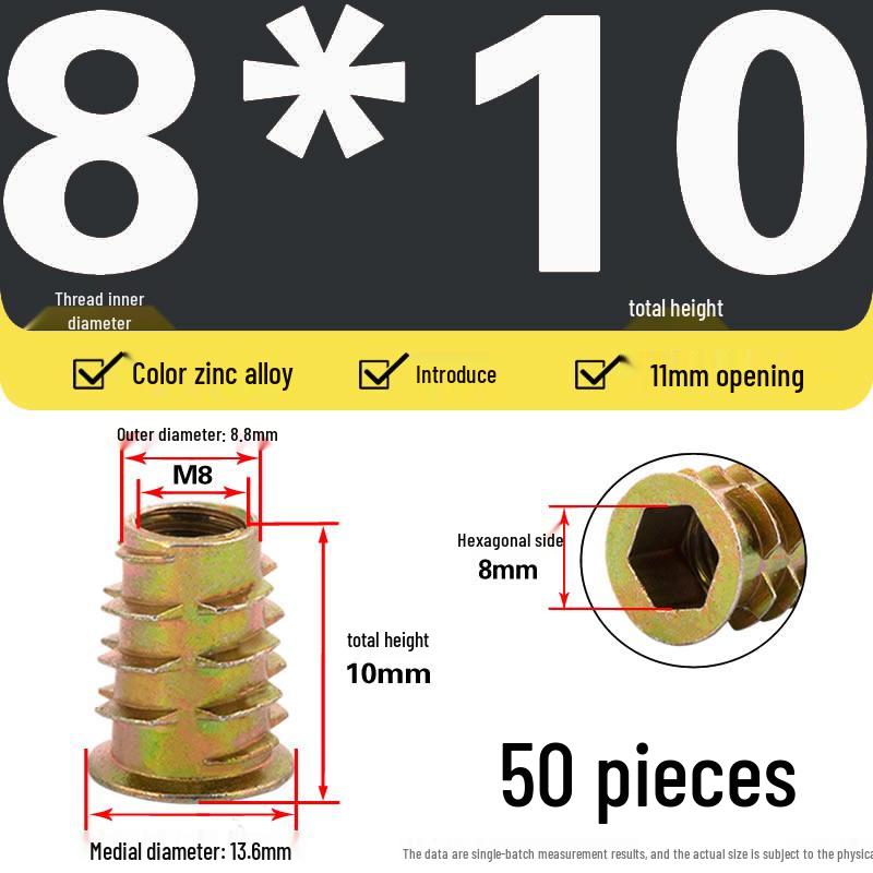 Zinc Alloy Hex Self-Tapping Nut with Washer for Furniture, Internal/External Thread, Medium Wood, Sizes M4-M8.
