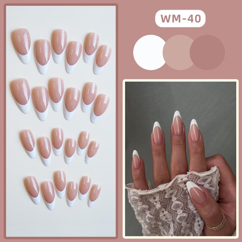 10 Pcs Handmade Minimalist Almond French Press On Nails With White Borders Suitable For All Skin Tones For Women