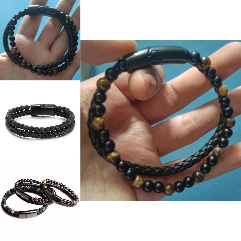 Men 21cm Double Layered Volcanic Stone Beaded Bracelet Alloy Leather Clasp