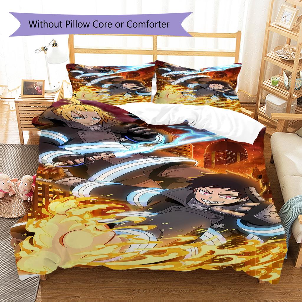 Fire Force  Pattern Bedding,Quilt Set Quilt Cover Pillowcase Home Birthday Gift (1 * Duvet Cover + 2 * Pillowcase, Without Core)