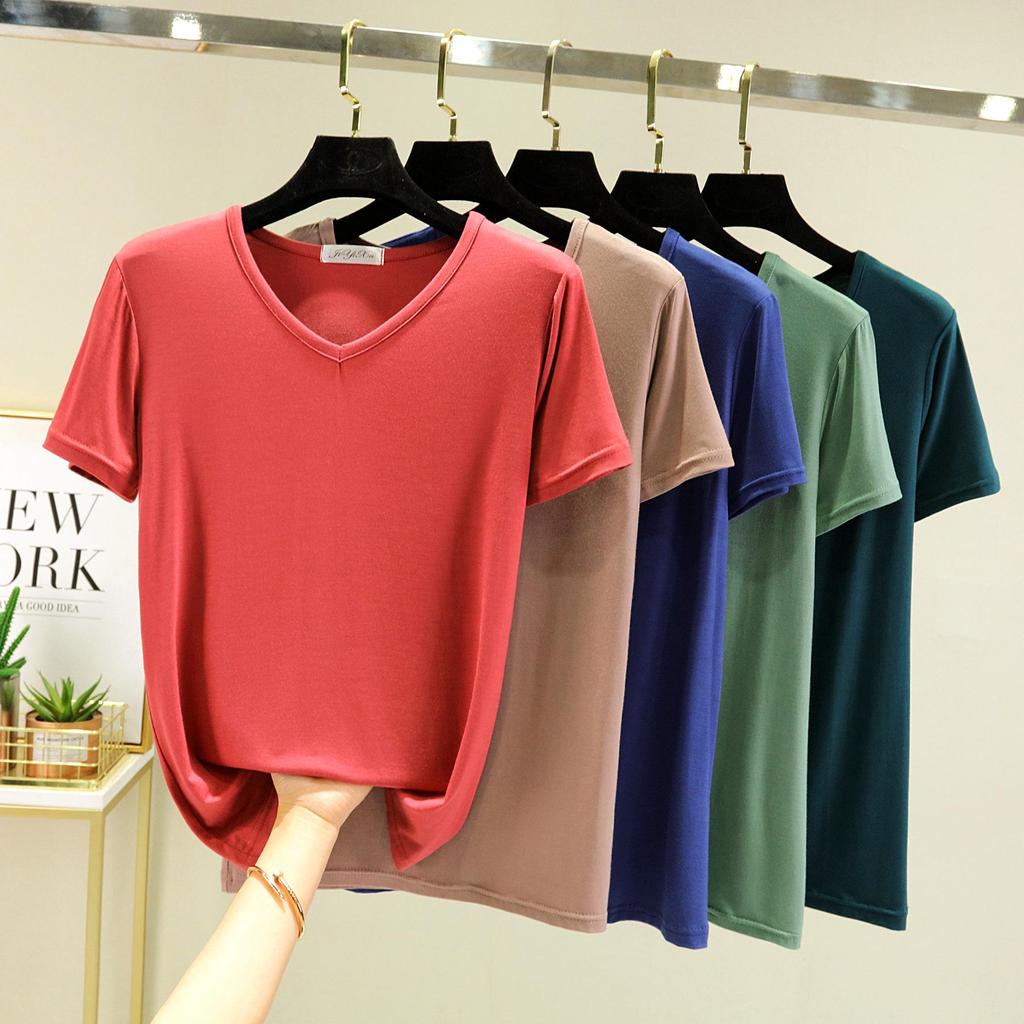 Women's Short-Sleeve Modal V-Neck White Ice Silk Loose T-Shirt