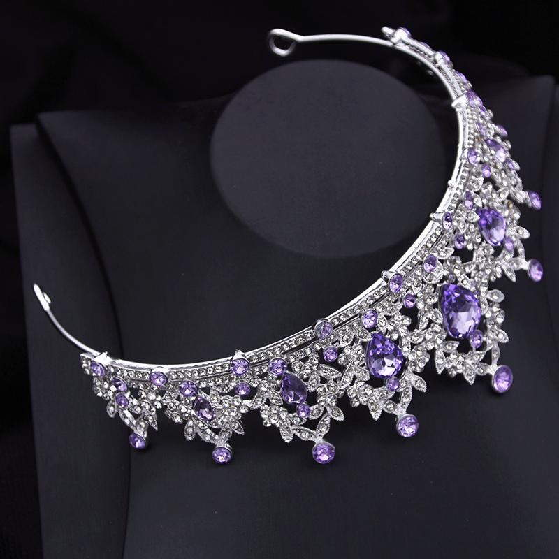 Gorgeous Princess Purple Crystal Bridal Jewelry Sets for Women Tiaras Crown Bride Earrings Wedding Necklace Jewelry Set