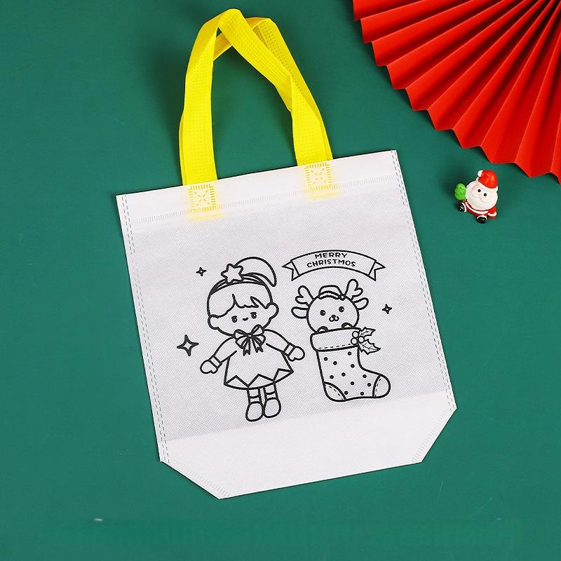 

Cartoon Christmas Doodle Tote Bag, DIY Painting Coloring Non-Woven Bag, Handmade Craft Gift for Kids Christmas Party 38x23cm