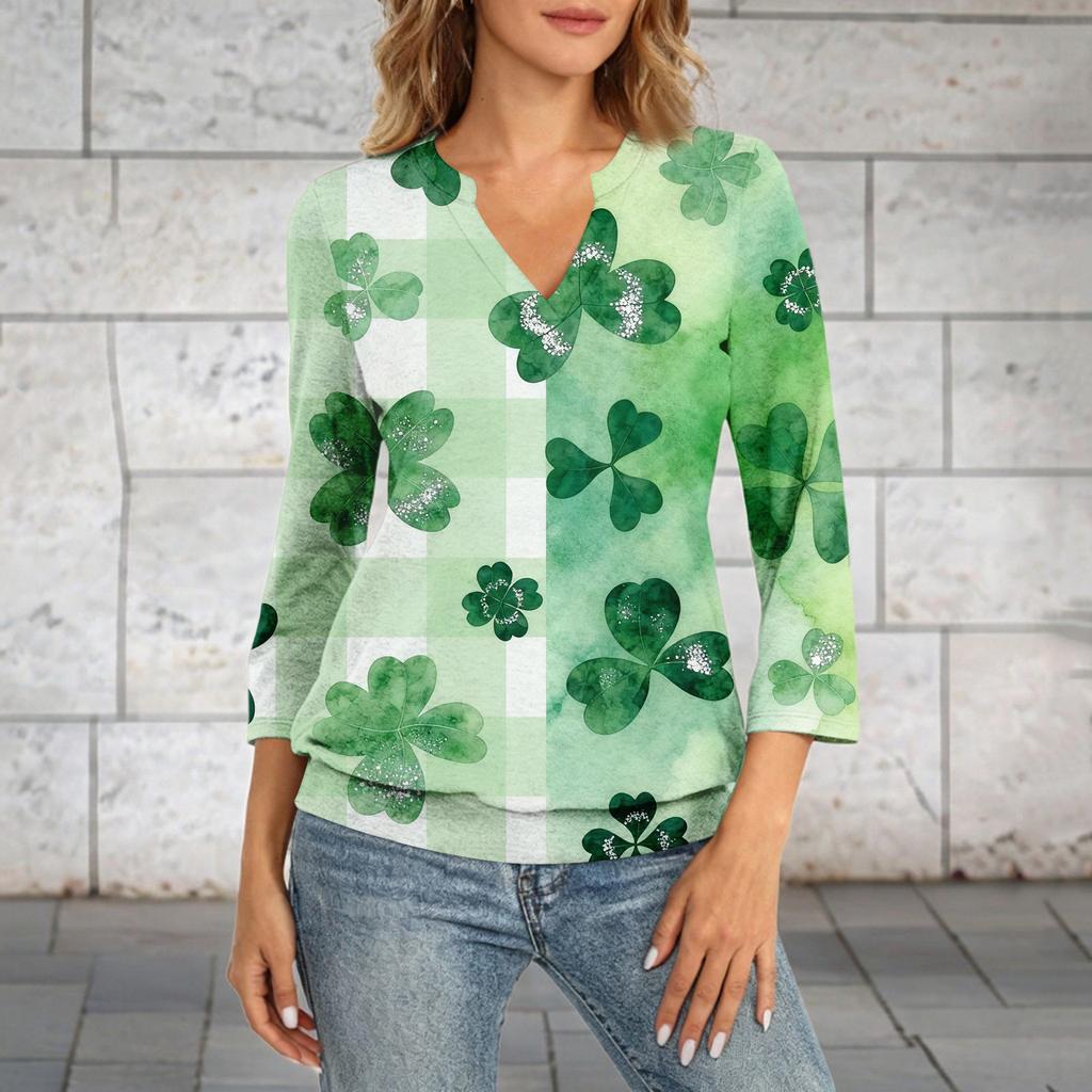 Damen 3/4-Arm Oberteil mit Bündchensaum, V-Ausschnitt, Sommer Freizeit-T-Shirt, St. Bedrucktes Oberteil zum St. Patrick's Day
