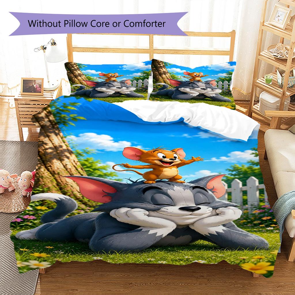 Mouse Cat Cartoon Pattern Bedding Set Quilt Cover Pillowcase Home Decor Gift (1 * Duvet Cover + 2 * Pillowcase, Without Core)
