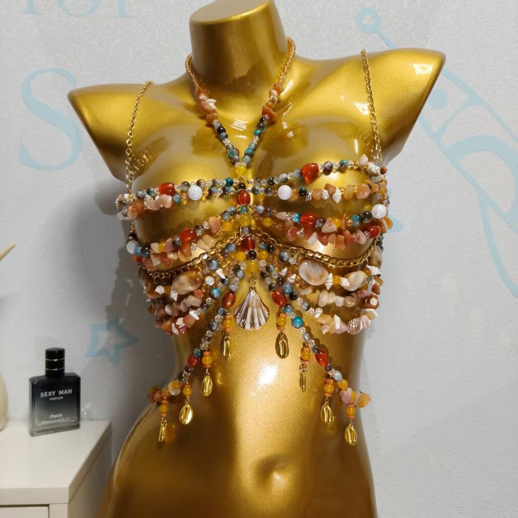Handmade Boho Style Festival Body Chain Pearl Bead Bra Cover With Tassels Women Rainbow Crystal Beach Beaded Top