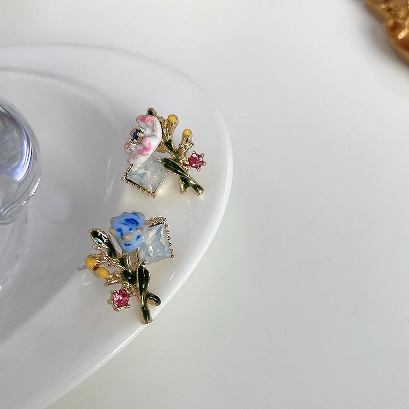 French Style Colored Enamel Glaze Flower Stud Earrings Simple Personality Special-Interest Earrings