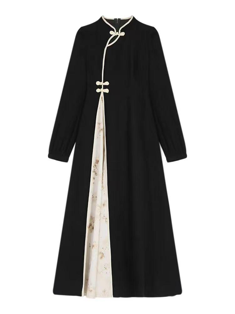 Vår Høst Neo-kinesisk Stil Retro Modifisert Qipao Lang Skjørt Nasjonal Stil High-End Mote Kjole Dameklær