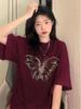 Plus-Size Women's Retro Wine Red Butterfly Short-Sleeve T-Shirt