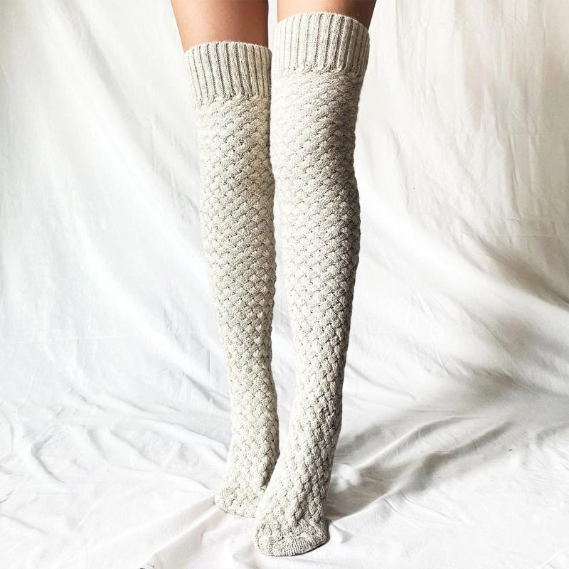 Damen Winter Beinwärmer Zopfmuster Kabelstrick Oberschenkelhohe Stiefelsocken Einfarbig Gedrehte Strickerei Über Knie Lange Strümpfe