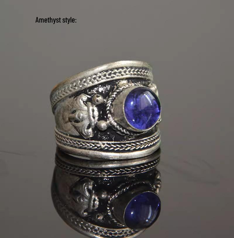Tibetan Turquoise & Silver Ring, White Copper Open Style, Unisex Nepal Handicraft