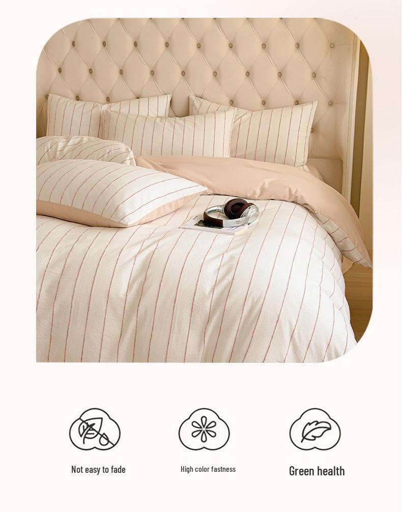 All-Cotton Chenille Jacquard 4-Piece Set: Striped Duvet Cover, Bed Sheet, Fitted Sheet - Simple Washed Cotton Design